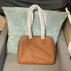 Quince Tripple Compartment Brown Leather Tote with Double Top Handles